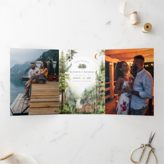 Rustieke bos waterval bruiloft | De datum opslaan Drieluik Uitnodiging (Binnen)