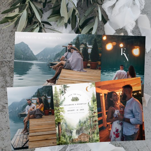 Rustieke bos waterval bruiloft | De datum opslaan Drieluik Uitnodiging