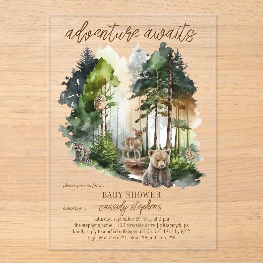 Rustieke bosavontuur wacht op jongens babyfeestje acryl uitnodigingen (Voorkant)