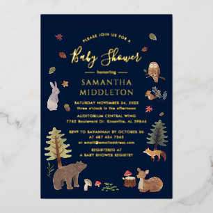 Rustieke Bosdieren Herfst Baby Shower Goud Folie Uitnodiging