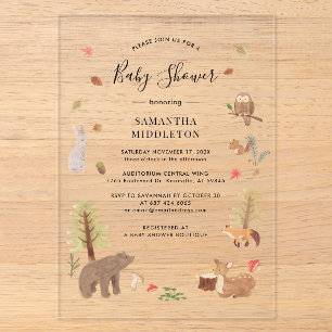 Rustieke bosdieren herfst babyshower acryl uitnodigingen