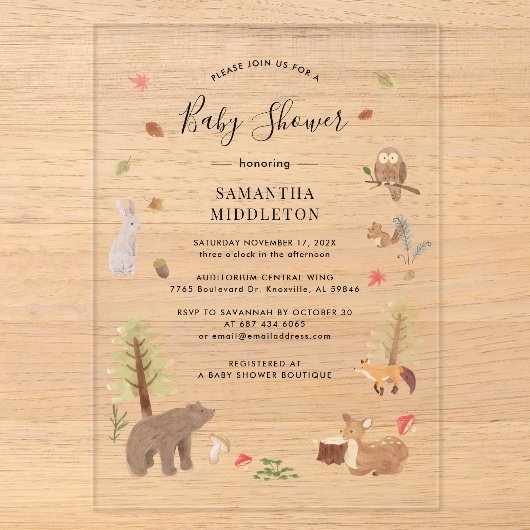 Rustieke bosdieren herfst babyshower acryl uitnodigingen (Voorkant)
