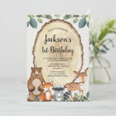 Rustieke bosdieren jongens 1e verjaardagsfeestje kaart (Staand voorkant)