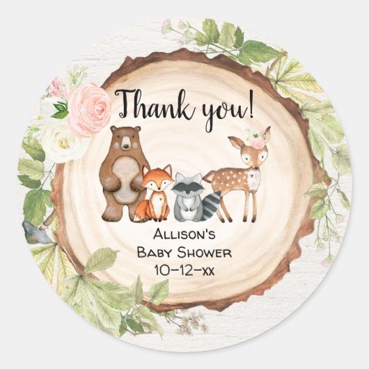 Rustieke bosdieren meisje baby shower ronde sticker (Voorkant)