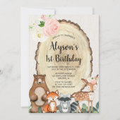 Rustieke bosdieren meisjes 1e verjaardagsfeestje kaart (Voorkant)