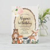 Rustieke bosdieren meisjes 1e verjaardagsfeestje kaart (Staand voorkant)