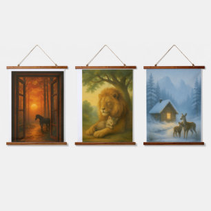 Rustieke bosdieren muur kunst set van 3 – Herten & Hangend Wandkleed