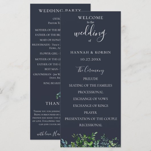 Rustieke bosgroene Navy Blue Trouw Programmakaart (Voorkant / Achterkant)