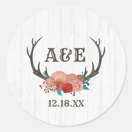 Rustieke bosherten Antler Boho Monogram Bruiloft Ronde Sticker (Voorkant)