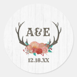 Rustieke bosherten Antler Boho Monogram Bruiloft Ronde Sticker