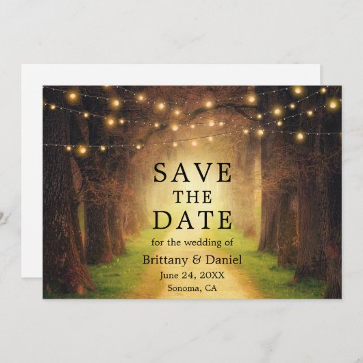 Rustieke Bospad Bruiloft Slingerlichten Save The Date (Voorkant / Achterkant)