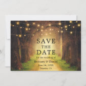 Rustieke bospad bruiloft string lichten save the date (Voorkant)