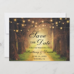 Rustieke bospad slingerlichten bruiloft save the date