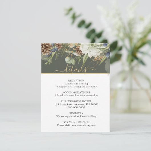 Rustieke bossen groen & dennenappels op groen informatiekaartje (Staand voorkant)