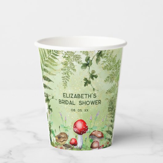 Rustieke bossen groen paddenstoelen schimmels vare papieren bekers (Voorkant)