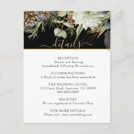 Rustieke bossen groen & pinecones op zwart informatiekaartje (Voorkant)