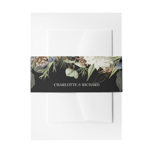 Rustieke bossen groen & pinecones op zwart uitnodigingen wikkel (Voorkant Voorbeeld)