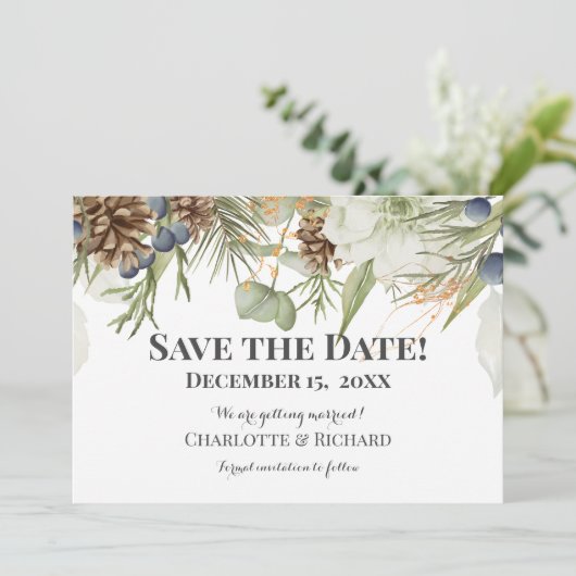 Rustieke bossen Pinecones Horizontaal Save The Date (Staand voorkant)