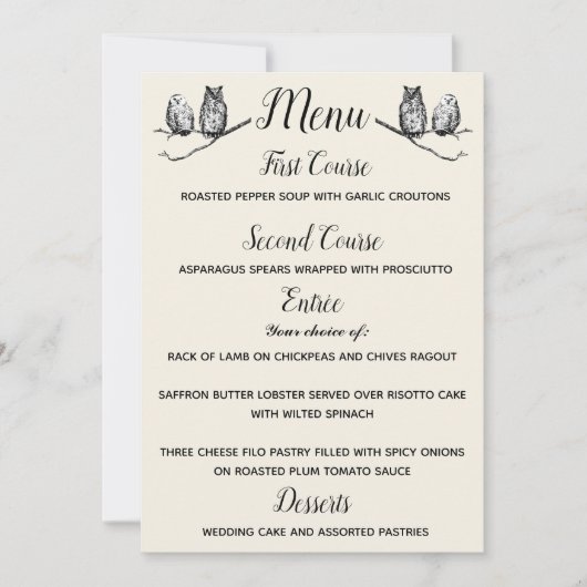 Rustieke Bosuilen Menu Kaart (Voorkant)