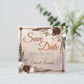 Rustieke bosveren en bloeiende bloemen save the date (Staand voorkant)