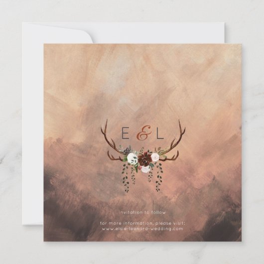 Rustieke bosveren en bloeiende bloemen save the date (Achterkant)