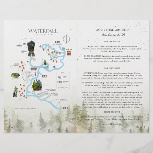 Rustieke boswaterval bruiloftsprogramma met spelle (Achterkant)