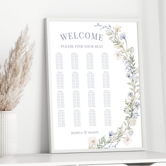 Rustieke botanische blauwe bloemenbruiloft zitgraf poster