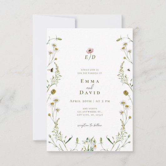 Rustieke botanische bloemen bijen bruiloft uitnodi kaart (Voorkant)