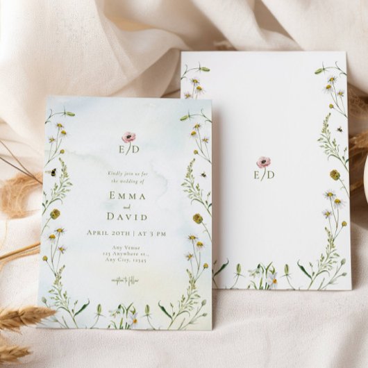 Rustieke botanische bloemen bijen bruiloft uitnodi kaart