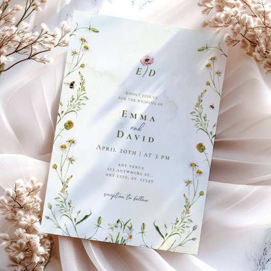 Rustieke botanische bloemen bijen bruiloft uitnodi kaart