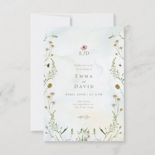 Rustieke botanische bloemen bijen bruiloft uitnodi kaart (Voorkant)