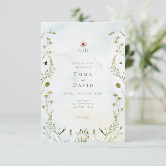 Rustieke botanische bloemen bijen bruiloft uitnodi kaart (Staand voorkant)