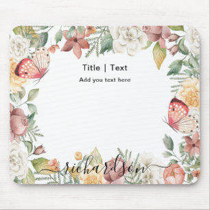 Rustieke Botanische Bloemen Roos Roze Vlinder Cust Muismat