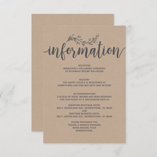 Rustieke Botanische bruiloft informatie behuizing Informatiekaartje (Voorkant / Achterkant)