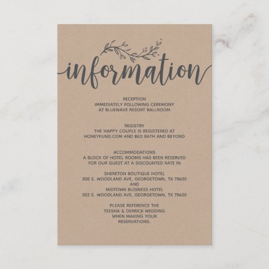 Rustieke Botanische bruiloft informatie behuizing Informatiekaartje (Voorkant)