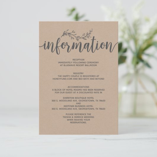 Rustieke Botanische bruiloft informatie behuizing Informatiekaartje (Staand voorkant)