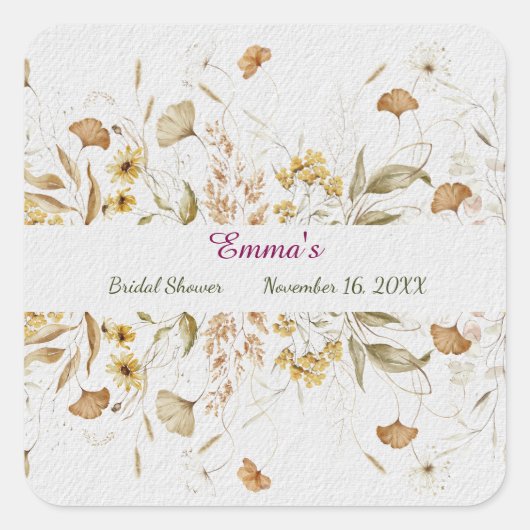 Rustieke Botanische Bruiloft Uitnodiging Aangepast Vierkante Sticker (Voorkant)