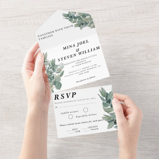 Rustieke Botanische eucalyptus bruiloft All In One Uitnodiging (Afscheurbaar)