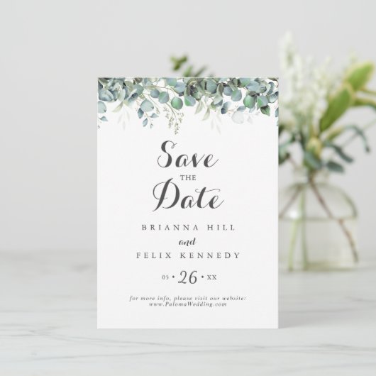 Rustieke botanische eucalyptus groen Huwelijk Save The Date (Staand voorkant)