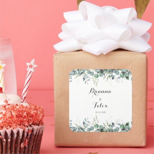 Rustieke Botanische Eucalyptus Groene Huwelijk Vierkante Sticker (Feest)