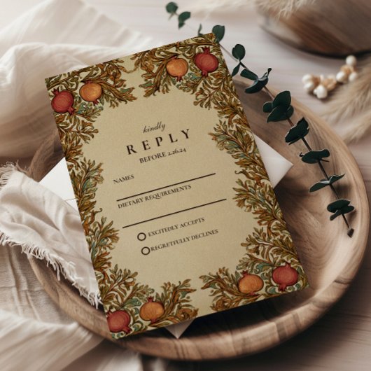 Rustieke botanische granaatappel bruiloft RSVP kaartje