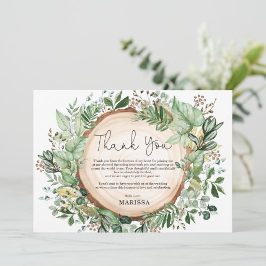 Rustieke botanische groene bruidsdouche bedankkaart (Staand voorkant)