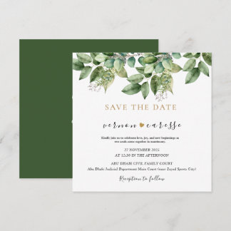 Rustieke botanische groene & gouden bladbruiloft 1 save the date