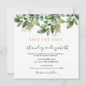 Rustieke Botanische Groene & Gouden Bladerige Trou Save The Date (Voorkant)