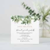 Rustieke botanische groene & gouden bladervormige  save the date (Staand voorkant)
