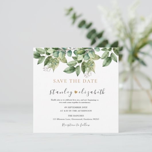 Rustieke Botanische Groene & Gouden Bladgroen Brui Save The Date (Staand voorkant)