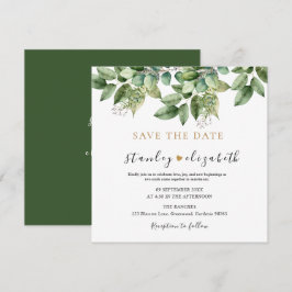 Rustieke botanische groene & gouden bruiloft save the date