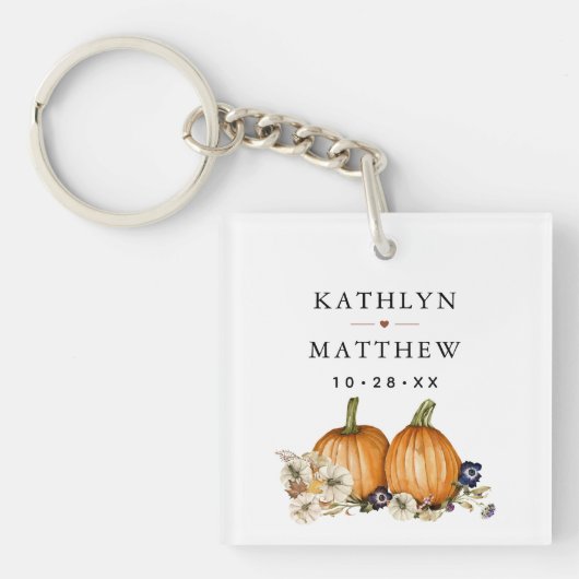 Rustieke Botanische Herfst Pompoen Bruiloft Sleutelhanger (voorkant)