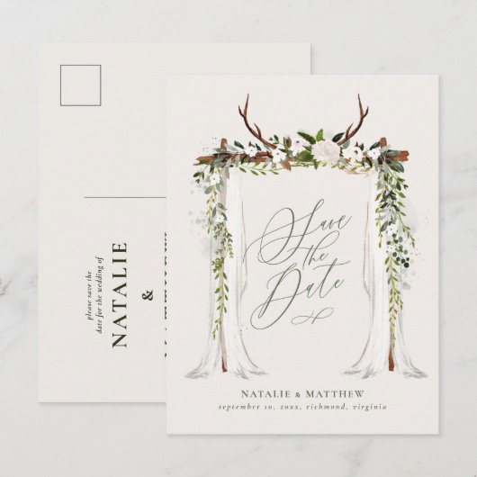 Rustieke botanische huwelijksfoliage save the date aankondigingskaart (Voorkant / Achterkant)