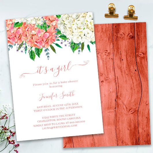 Rustieke Botanische Hydrangea Meisje Baby Shower Kaart